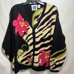 SOLD Storybook Knits Cardigan w/Pink & Green Floral Design Zebra Handknit VTG 1X